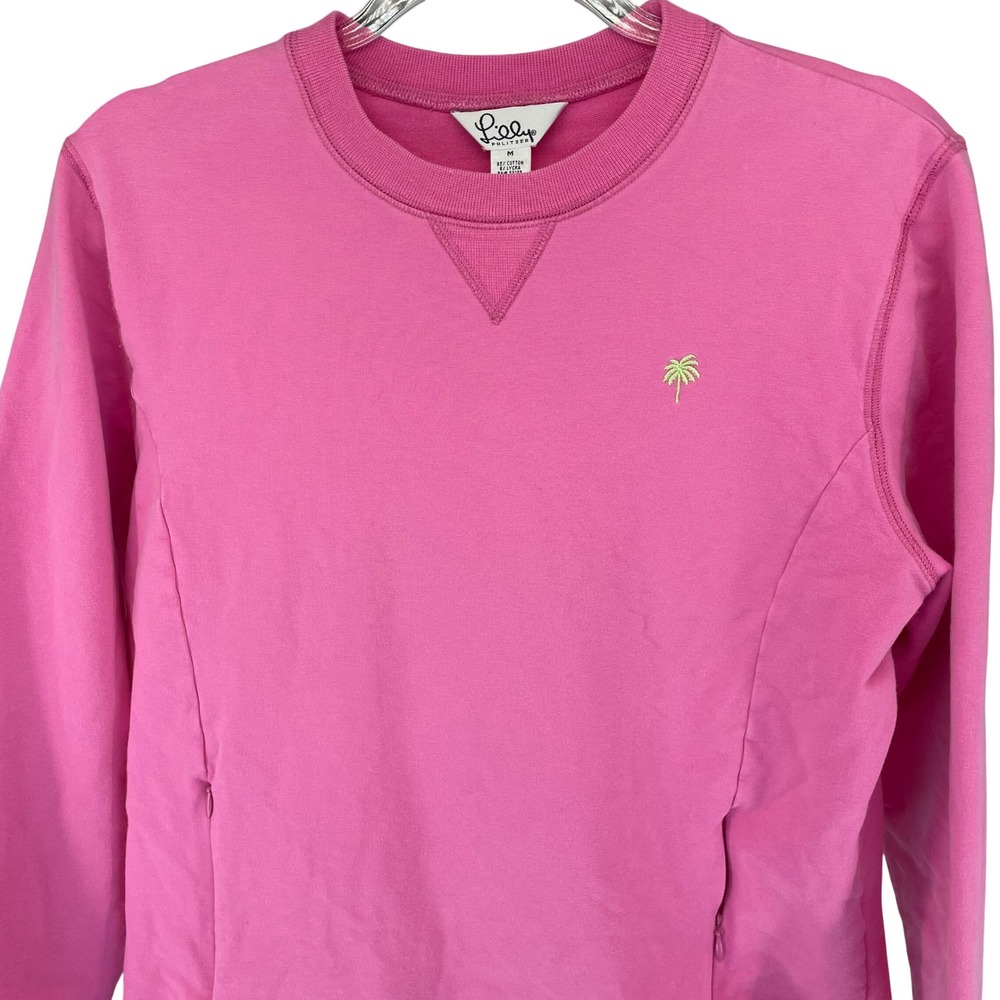 Lilly Pulitzer Pink Palm Tree Sweatshirt Womens Size M Crewneck Pullover Pockets - Picture 4 of 7